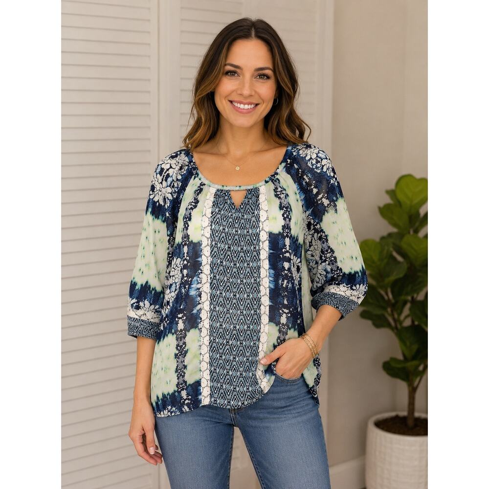 Beyond Threads L Blue Boho Peasant Blouse Lace Trim Keyhole 3/4 Sleeve